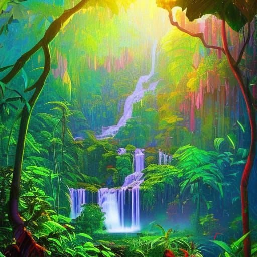 Lush Jungle Waterfall: An Oil Painting Fantasy