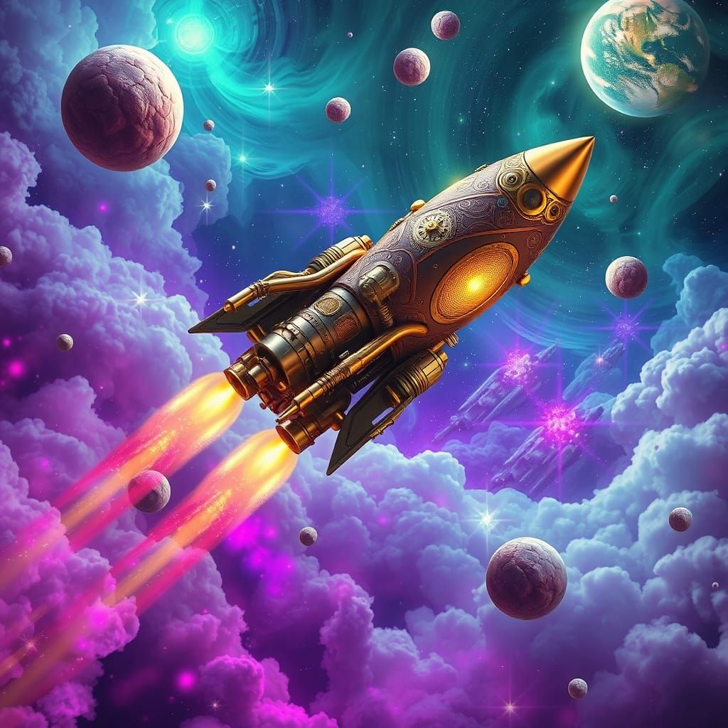 Steampunk Rocket Embarks in a Dreamlike Psychedelic Cosmos