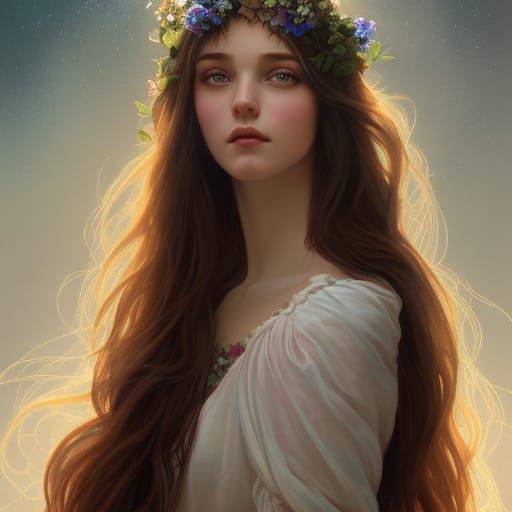 Enchanting Fae Portrait with Flowers and Flowing Hair