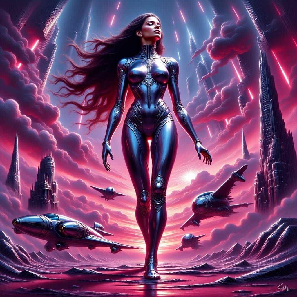 Romantic Futuristic Woman Stepping into a Neon Cityscape