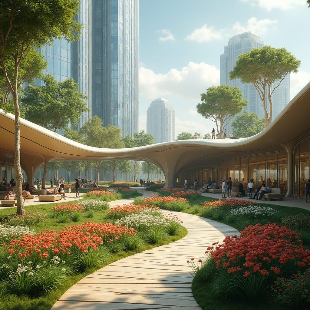 Futuristic Bionic Garden with Lush Trees and Footpaths