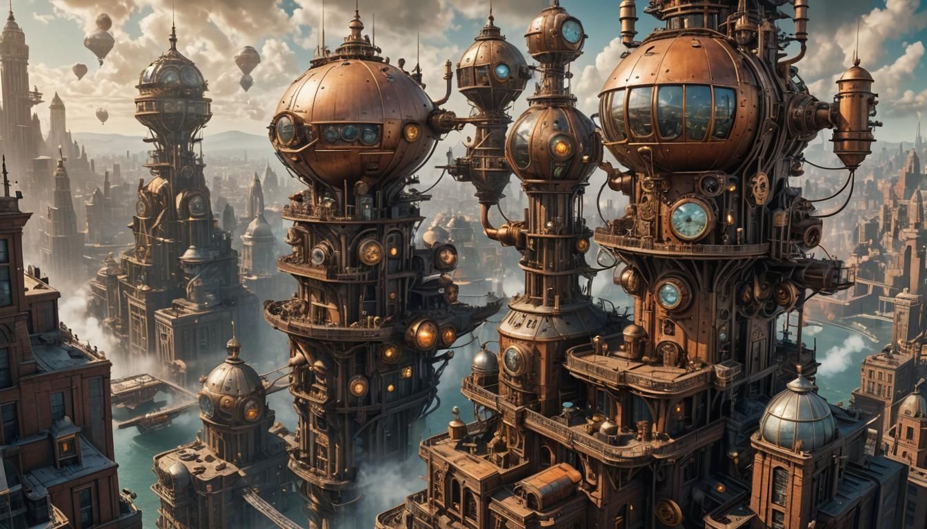 Steampunk Cityscape with Clockwork Skyscrapers and Nanotech
