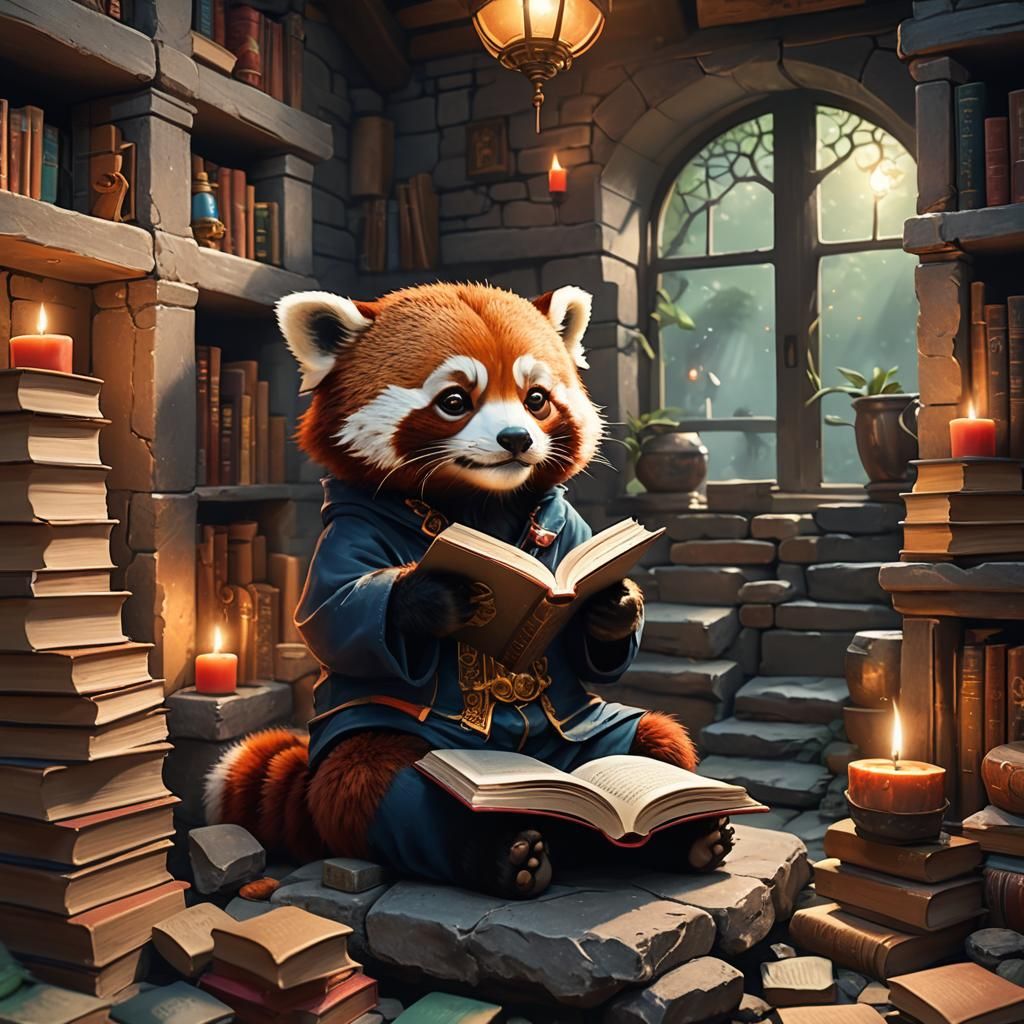 Red Panda Wizard Reading in Magical Home
