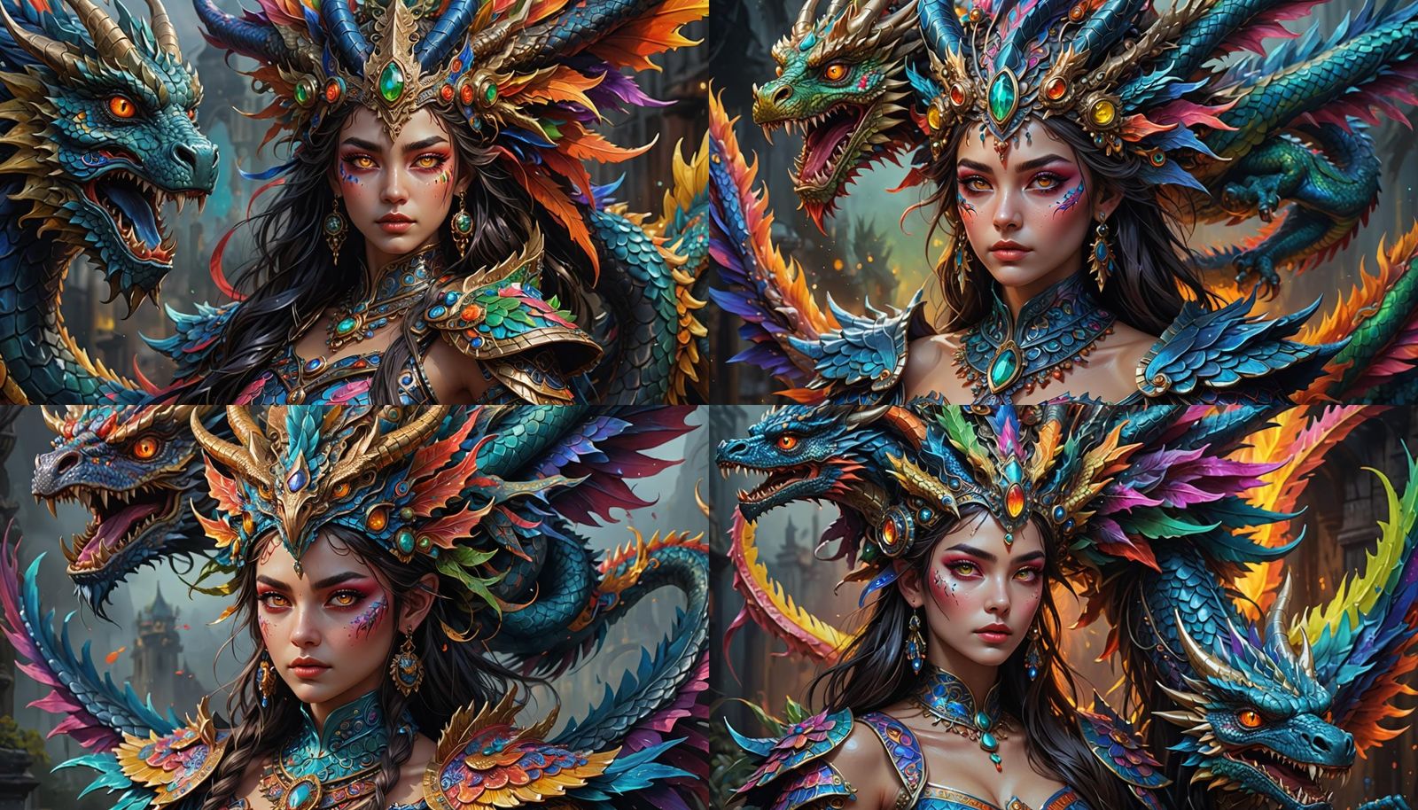 Woman with Neon Headdress and Dragons in 3D