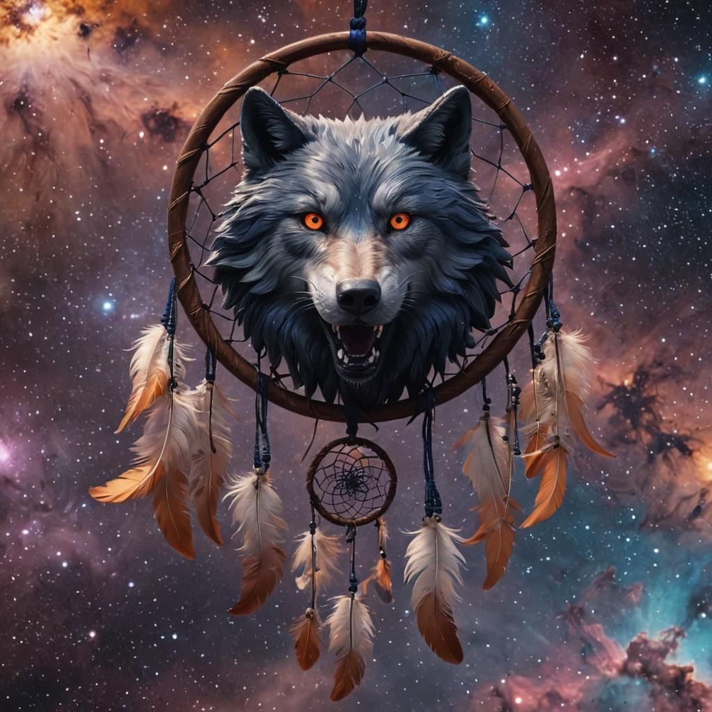 Ghost Wolf Dreamcatcher Soaring Through Nebula