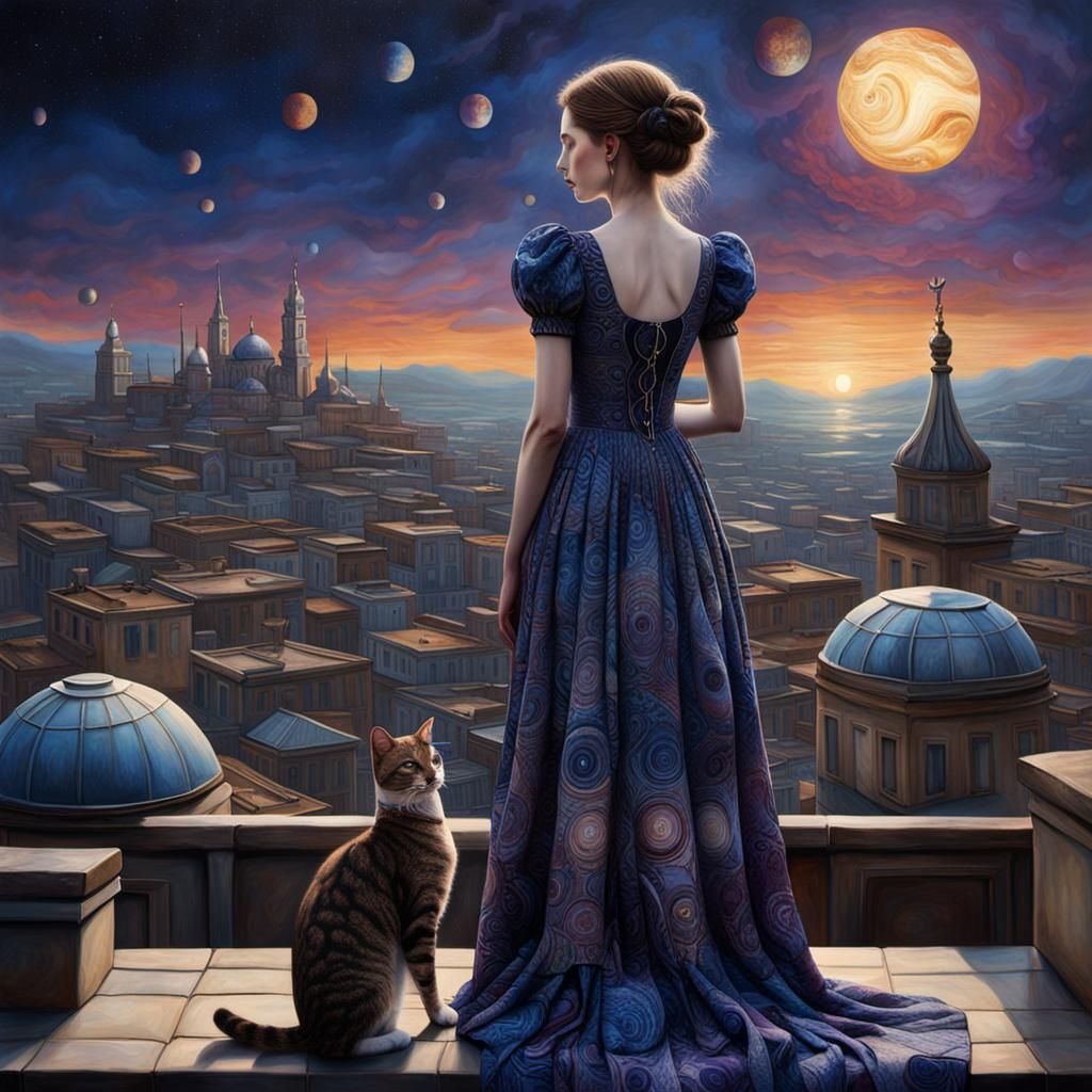 Magical Realism Rooftop Scene at Sunset