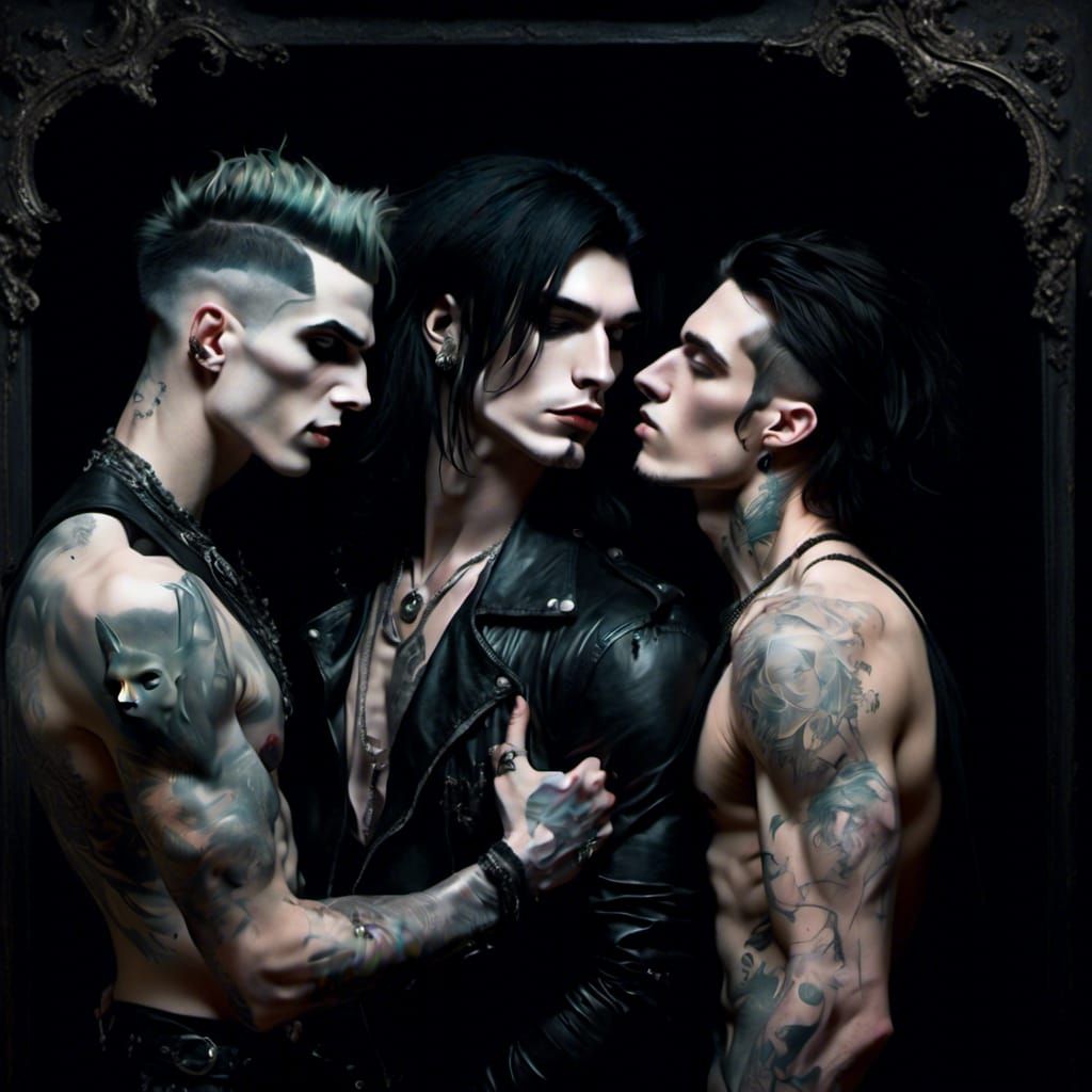Goth Punk Men Kissing in Dark Interior