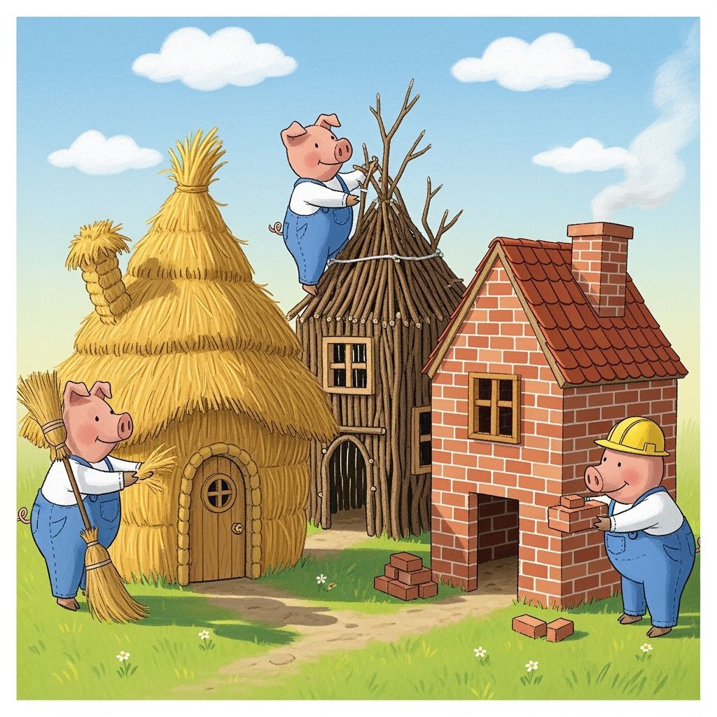 Three Pigs Build Whimsical Houses in Storybook Style