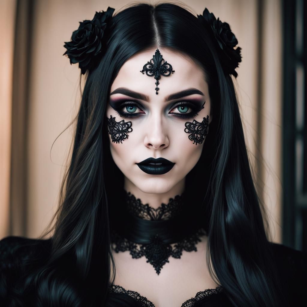 Beautiful Woman with Gothic Makeup in Digital Painting Style