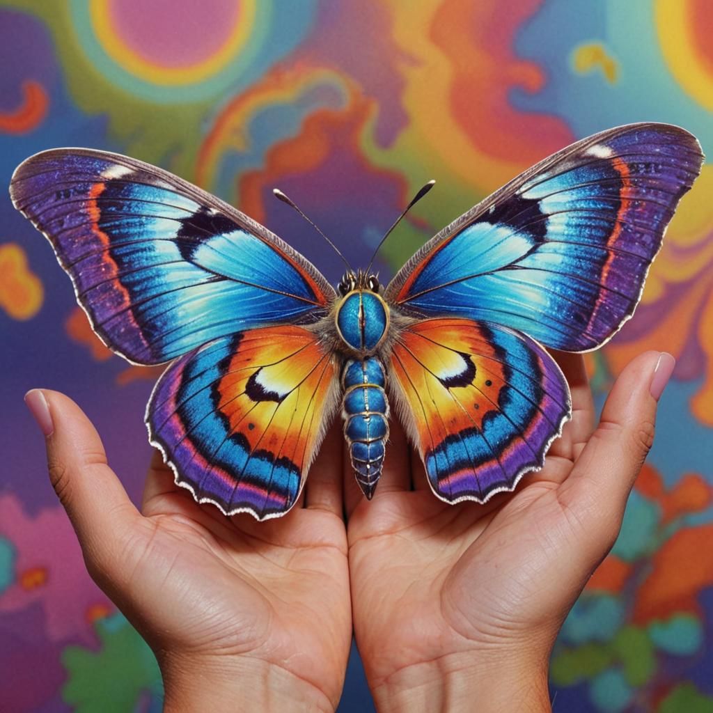 Psychedelic Moth in Surrealist Landscape, 60s Poster Art