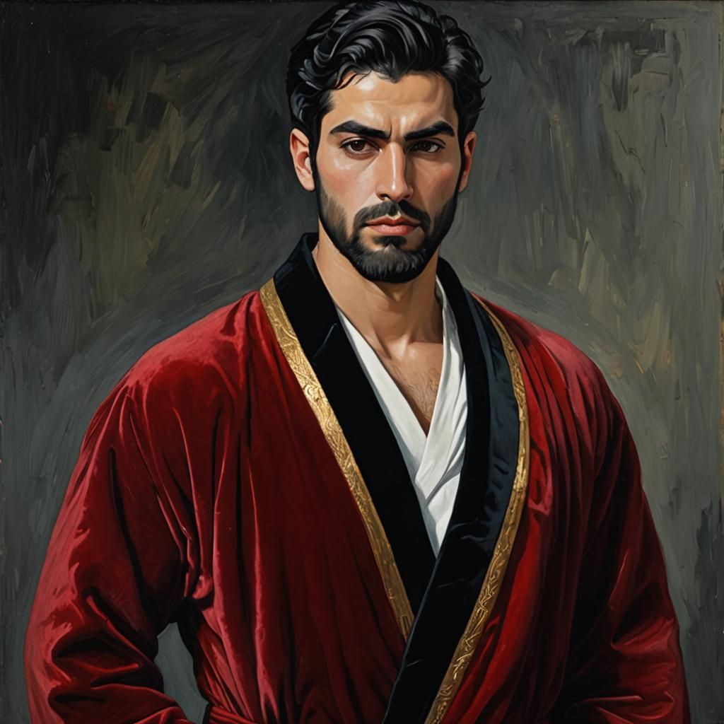 Expressionist Oil Painting of Handsome Man in Red Velvet
