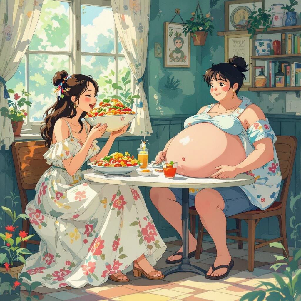 Fantastical Feast: Woman Devouring Meal Beside Friend