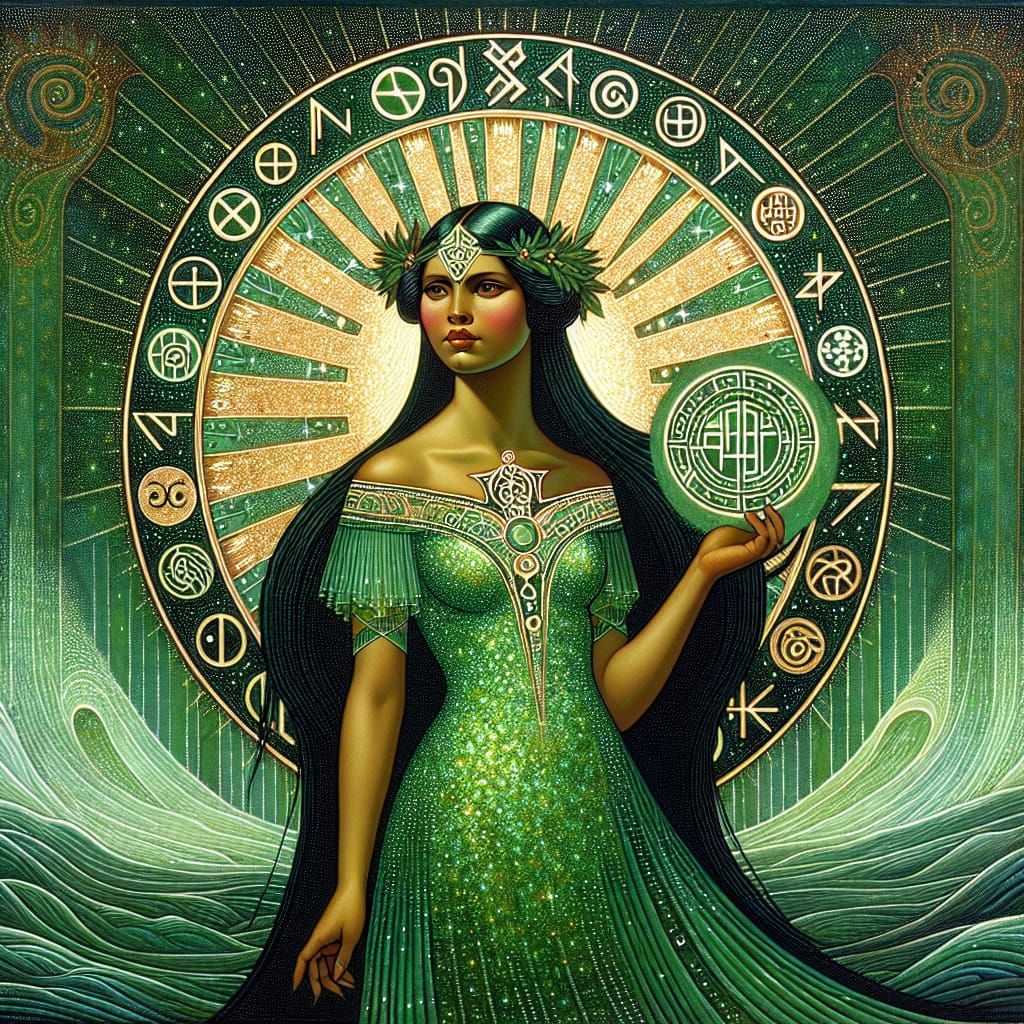 A tan skin dark hair Indigenous woman wearing an emerald gre...