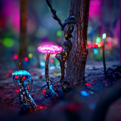 Glowing Neon Mushrooms at Night, Hyperdetailed 3D Render