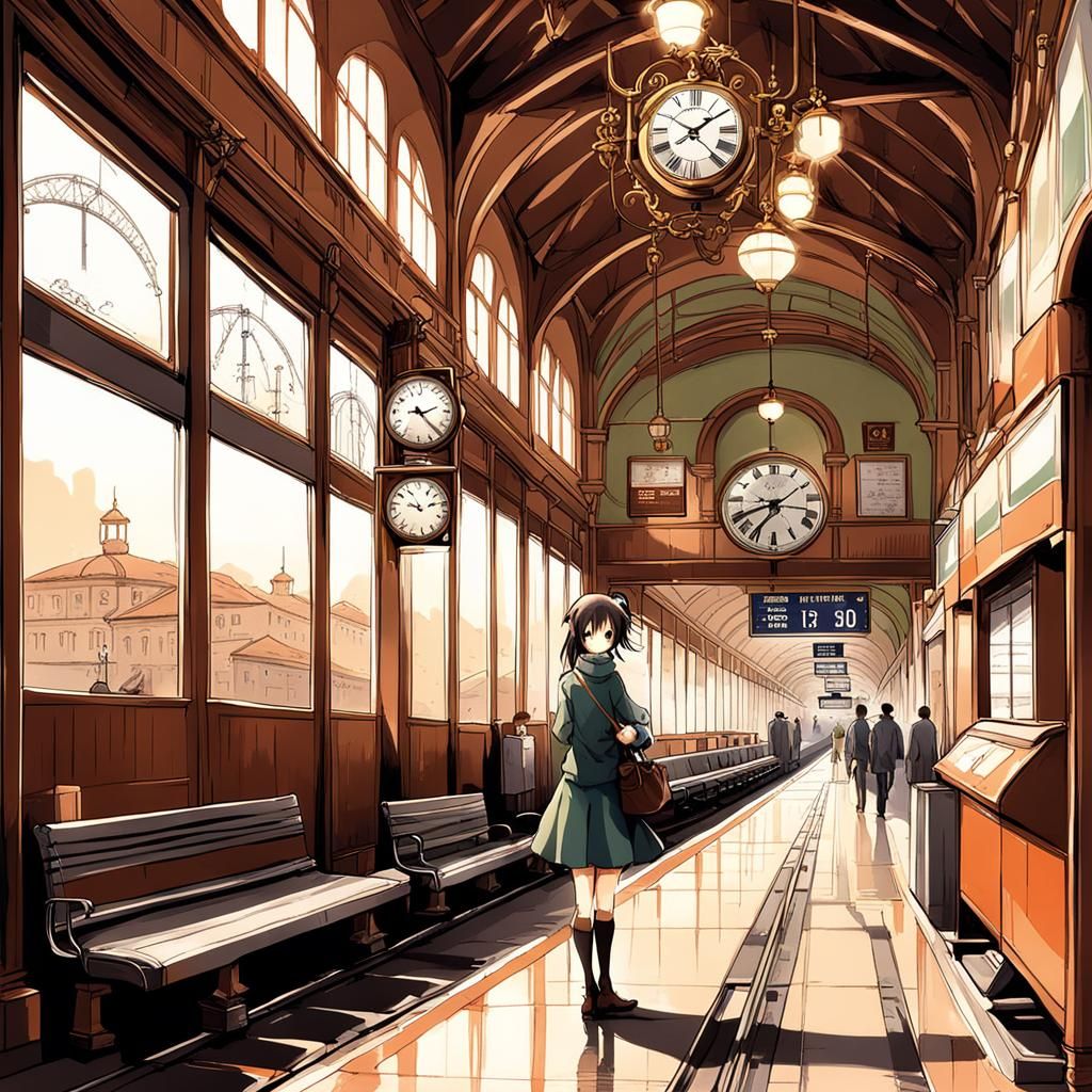 Girl Waits for Train in Anime Style