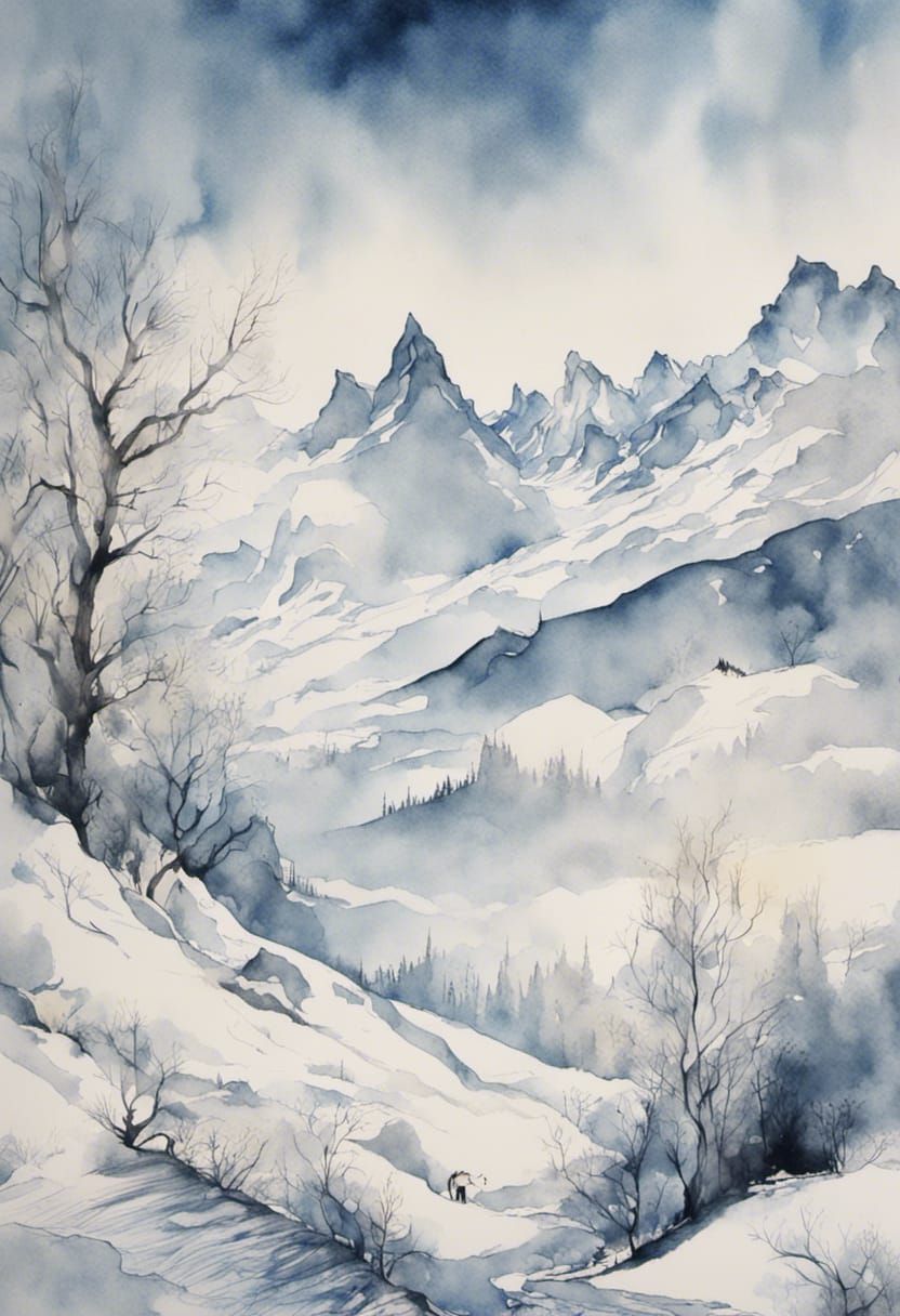 Winter in Swiss Alps: Watercolor Ink Landscape