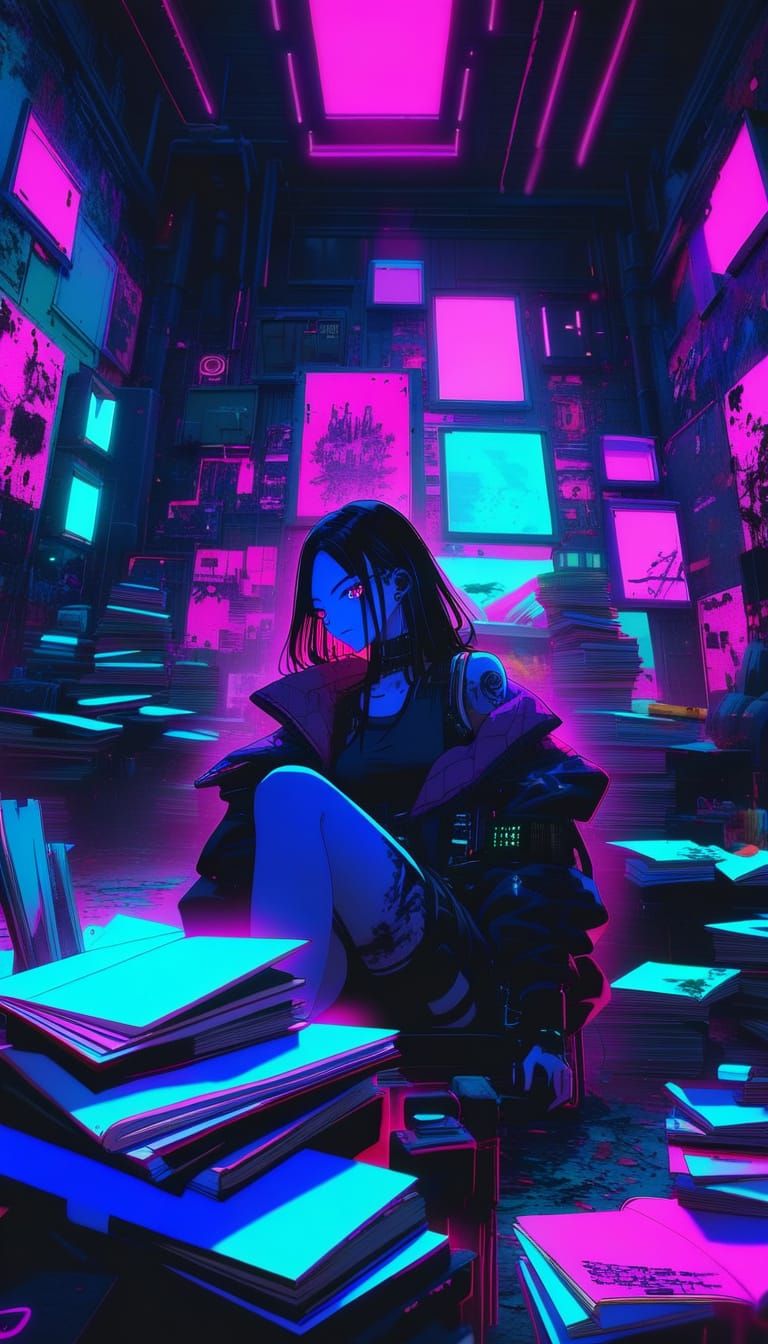 Anime Tattoo Artist in Neon-Lit Cyberpunk Studio