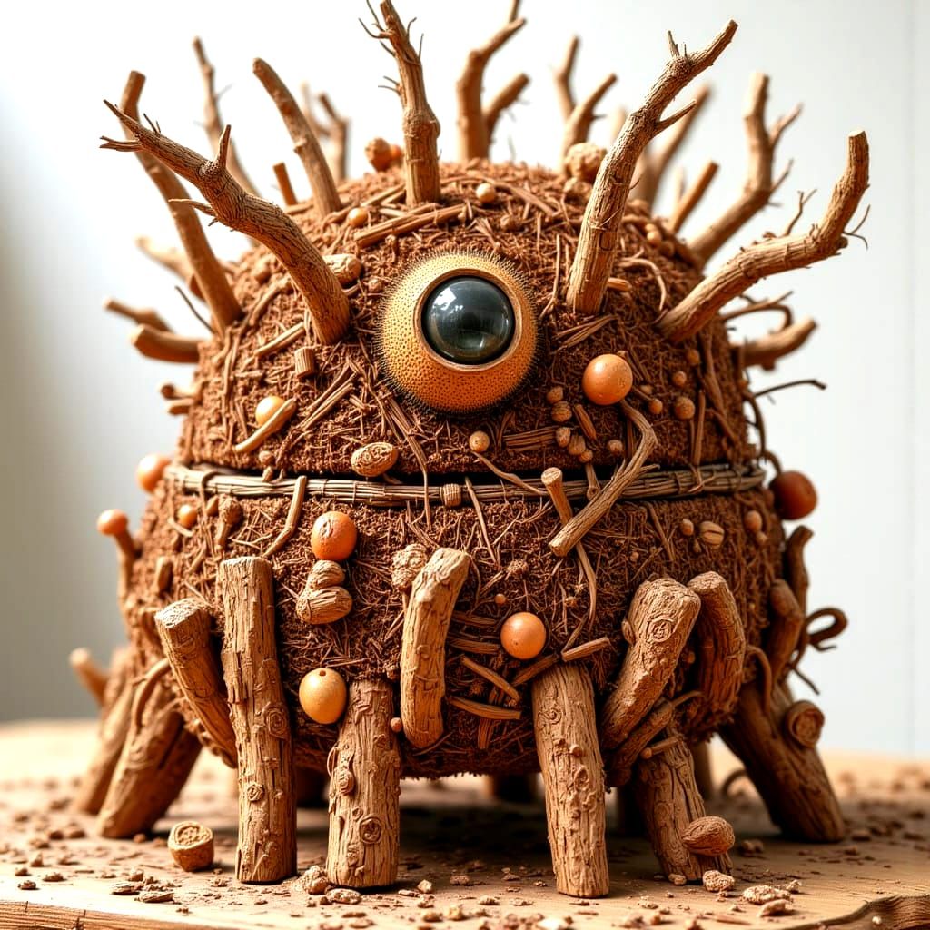 Wooden Monster with Glass Eyes, Detailed 3D Sculpture