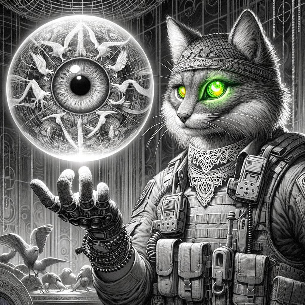 Monochrome Scene with Haitian Cat in Tactical Gear