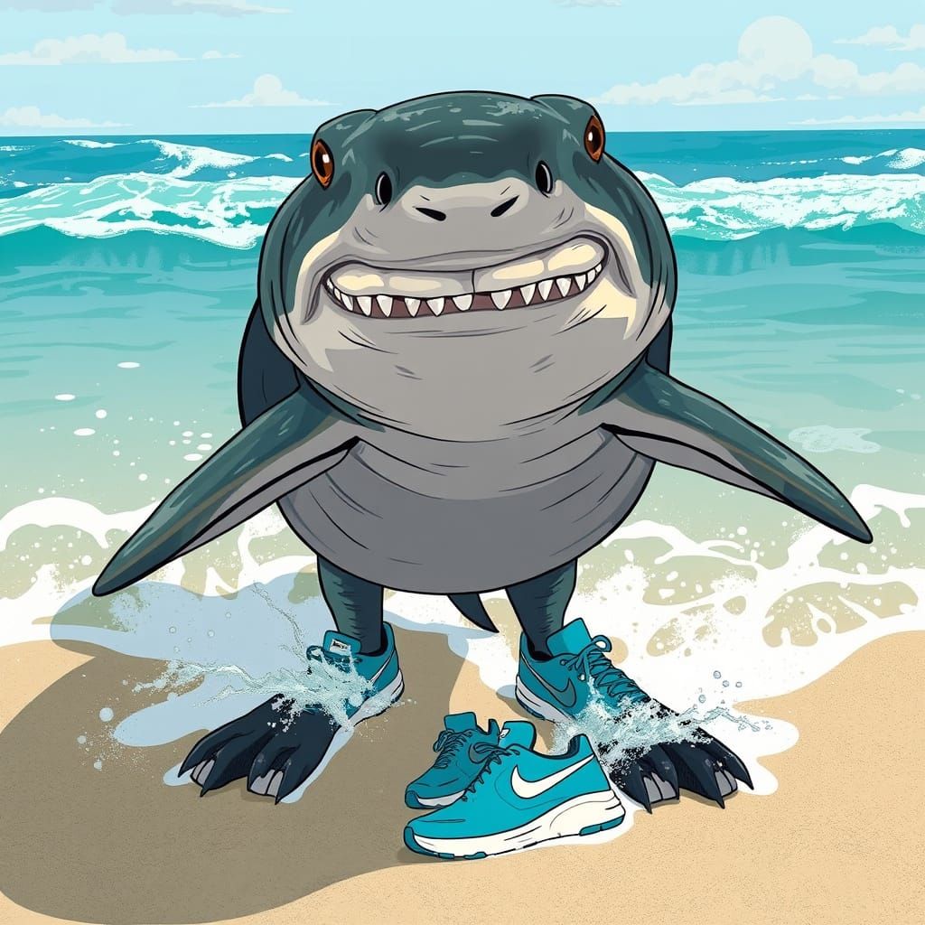 Surreal Shark Wears Blue Nike Sneakers on Beach