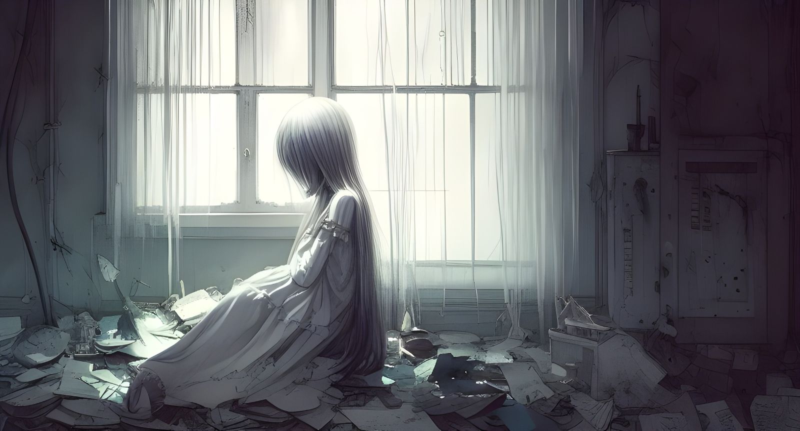 Ethereal Ghost Girl in Dark Room Digital Illustration