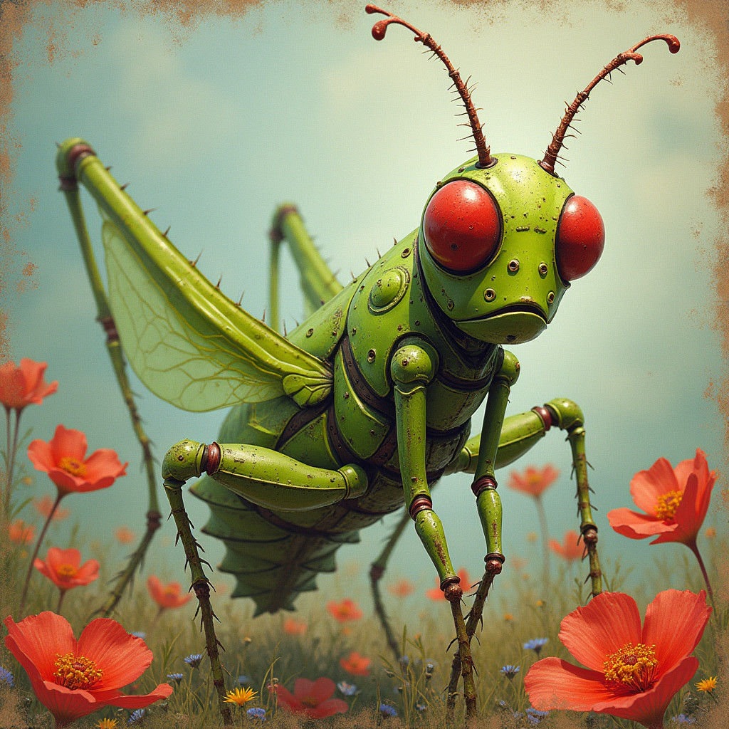 Whimsical Grasshopper Robot in Fantasy Fairy-tale Style