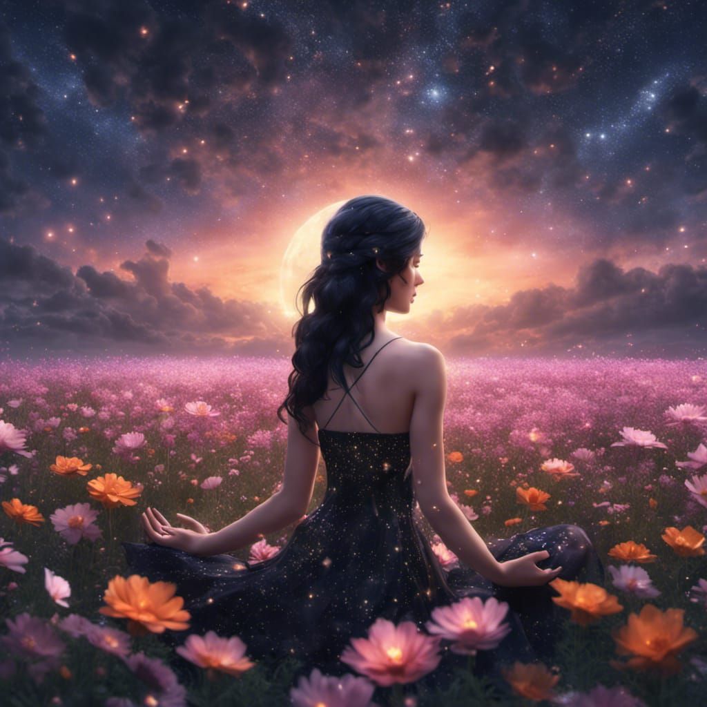 Girl Meditating in Flower Field at Night