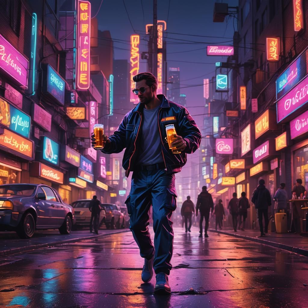 Uncle Guzzle Guts Neon Beer Run in Synthwave Style