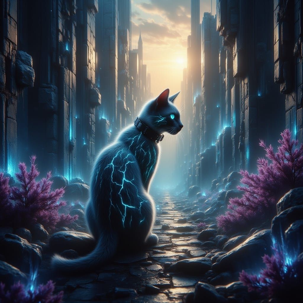 Bioluminescent Siamese Cat in Futuristic City Ruins