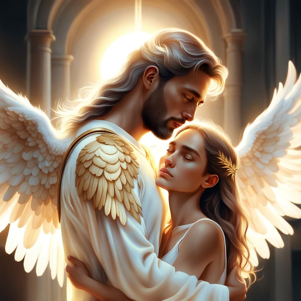 Ethereal Angel Embracing a Young Woman: Concept Art
