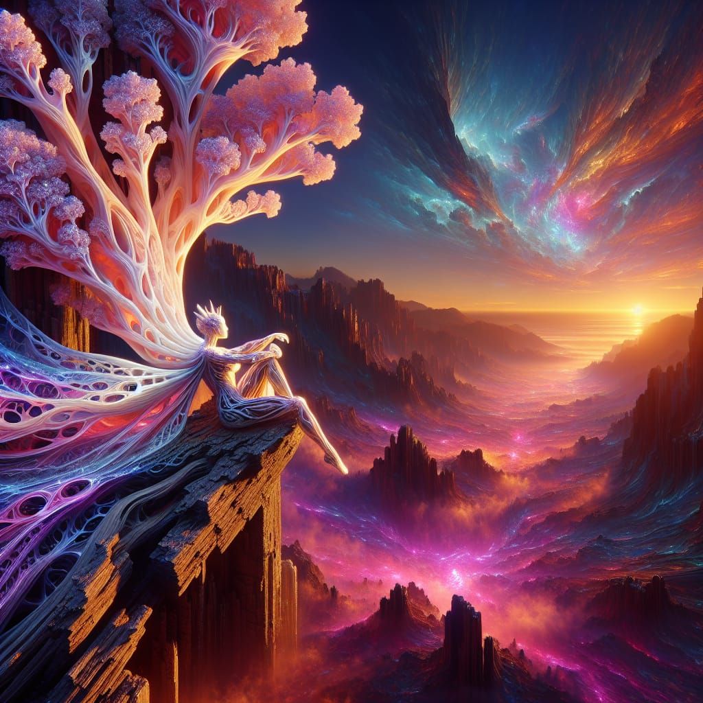 Iridescent Organic Sculptures on Cliffside in 8K