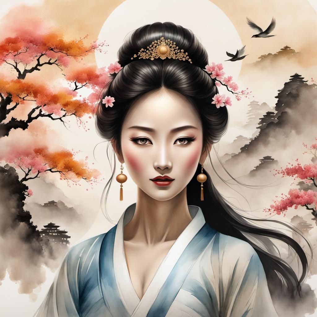 Goddess in Muted Chinese Ink Painting Style