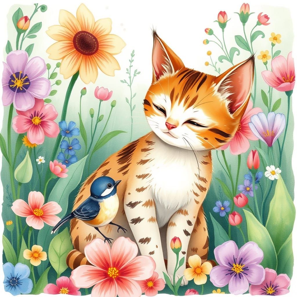 Cat and Bird Friends in a Whimsical Watercolor Garden