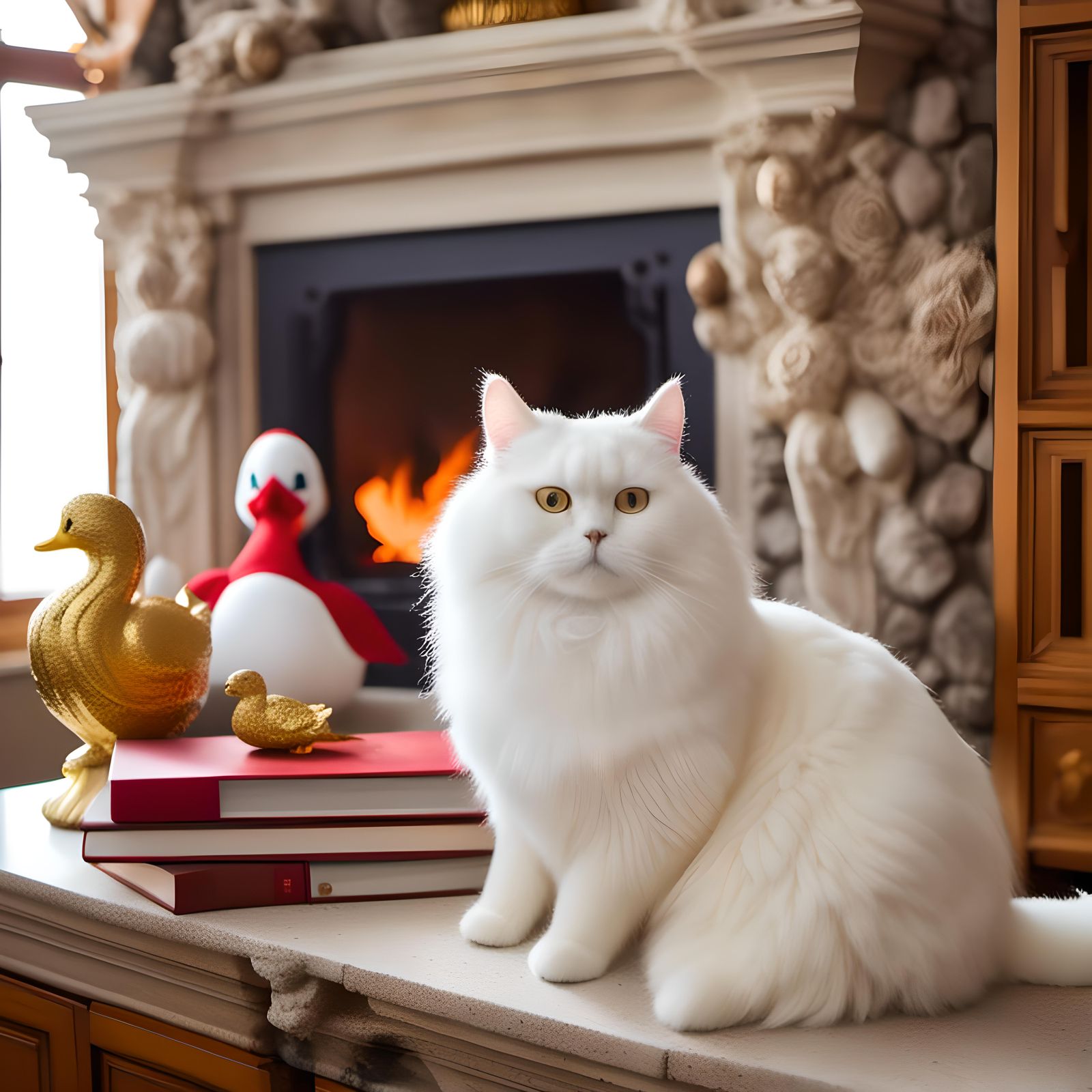 Fluffy Cat Contemplates Duck Statue