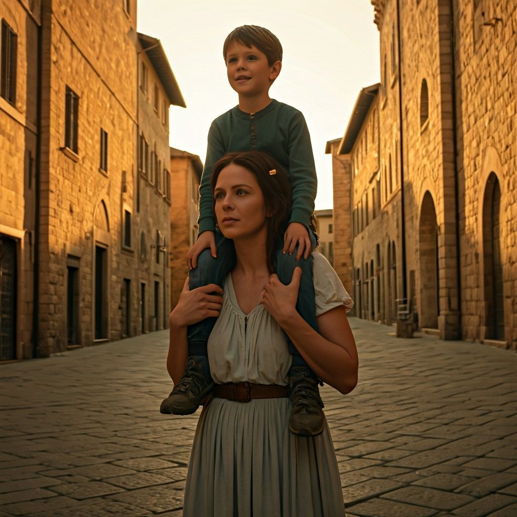 Joyful Boy Rides Shoulders of Strong Italian Woman in Piazza