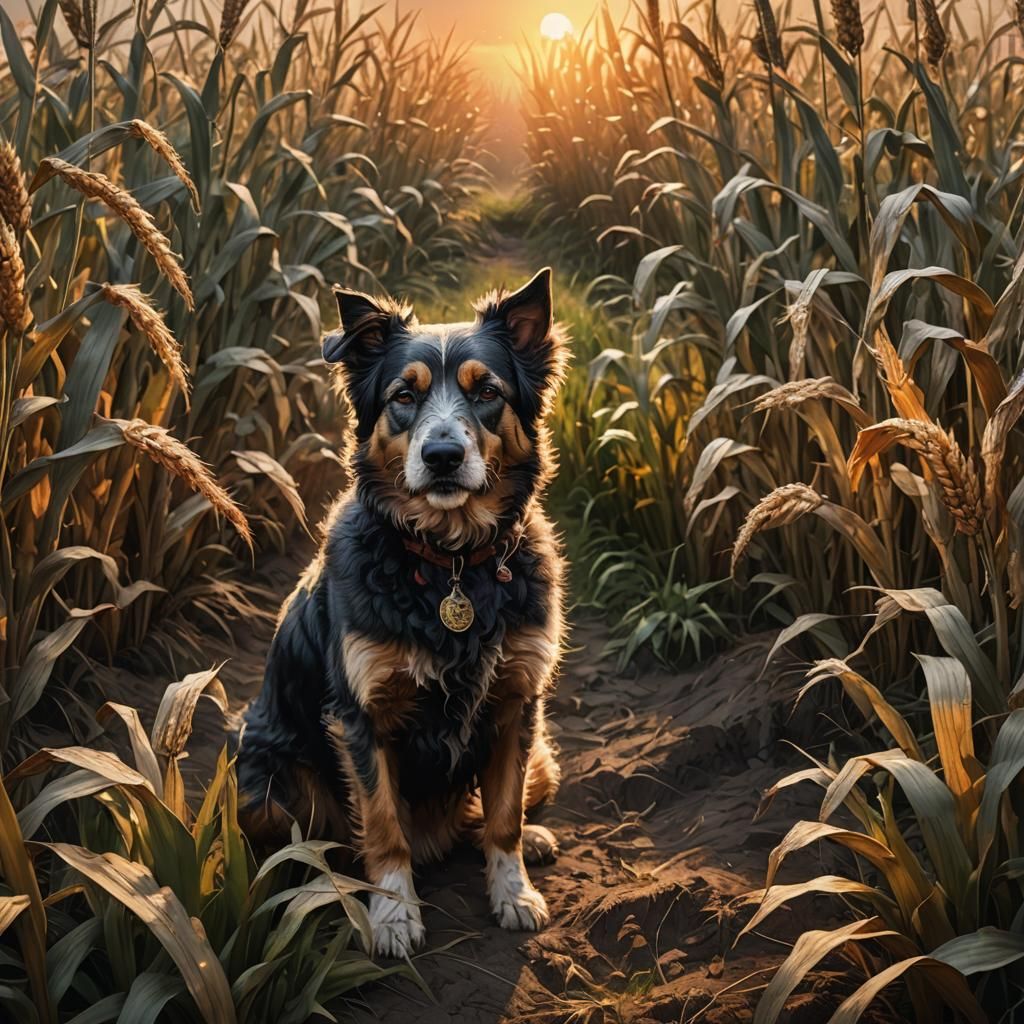 Dog in Cornfield Sunset: Rembrandt-Style Painting
