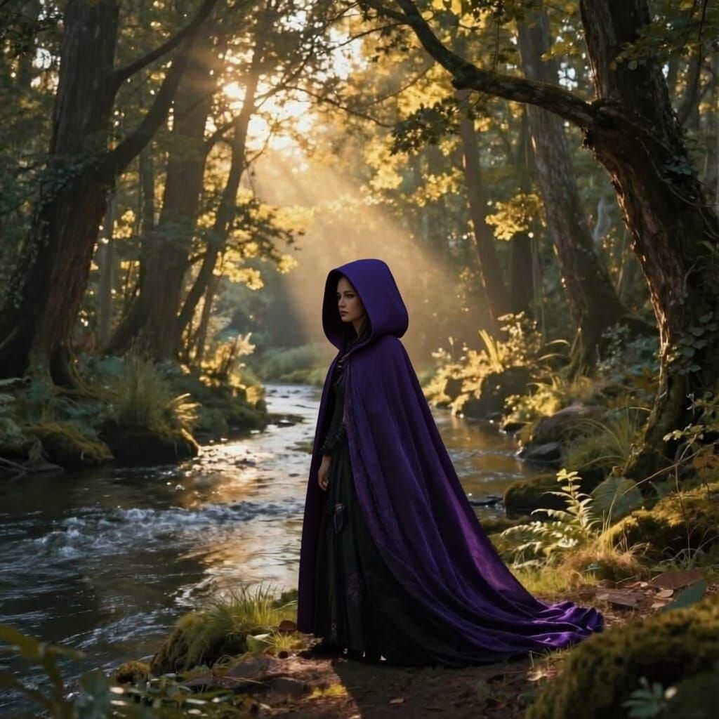 Enchanted Forest Witch by River at Sunset