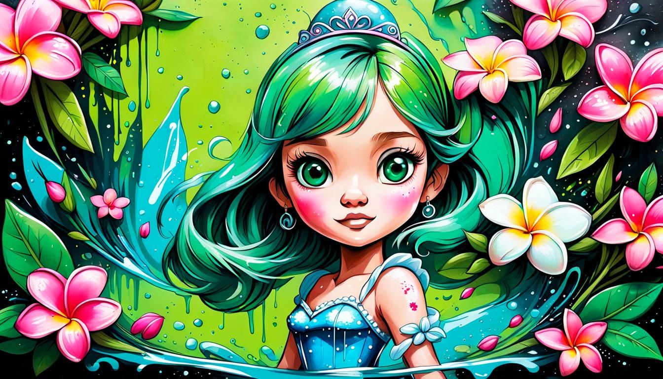 Chibi Cinderella with Plumeria Flowers in Graffiti Art