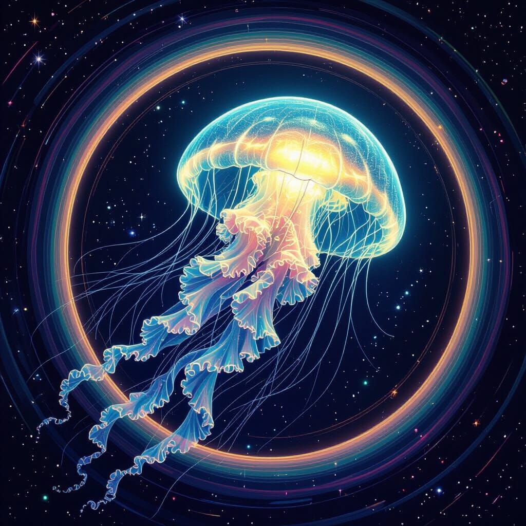 Bioluminescent Jellyfish Drifting Through Saturn's Rings