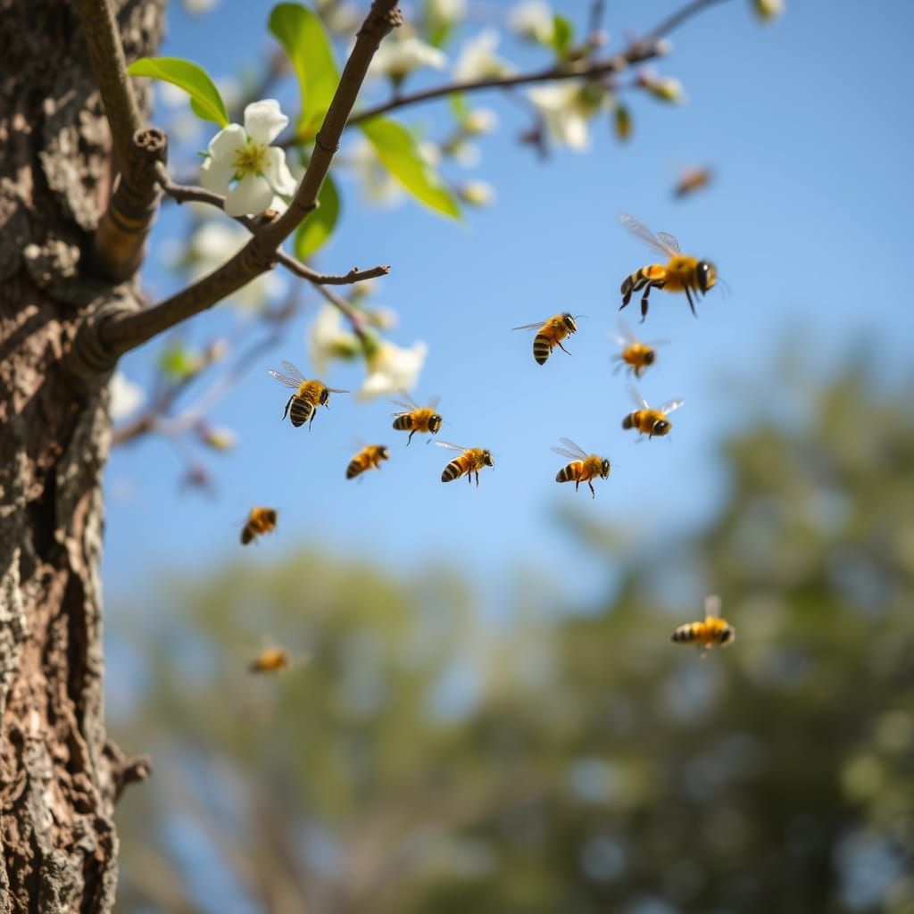 Golden Bees Return to Sunny Tree Nest