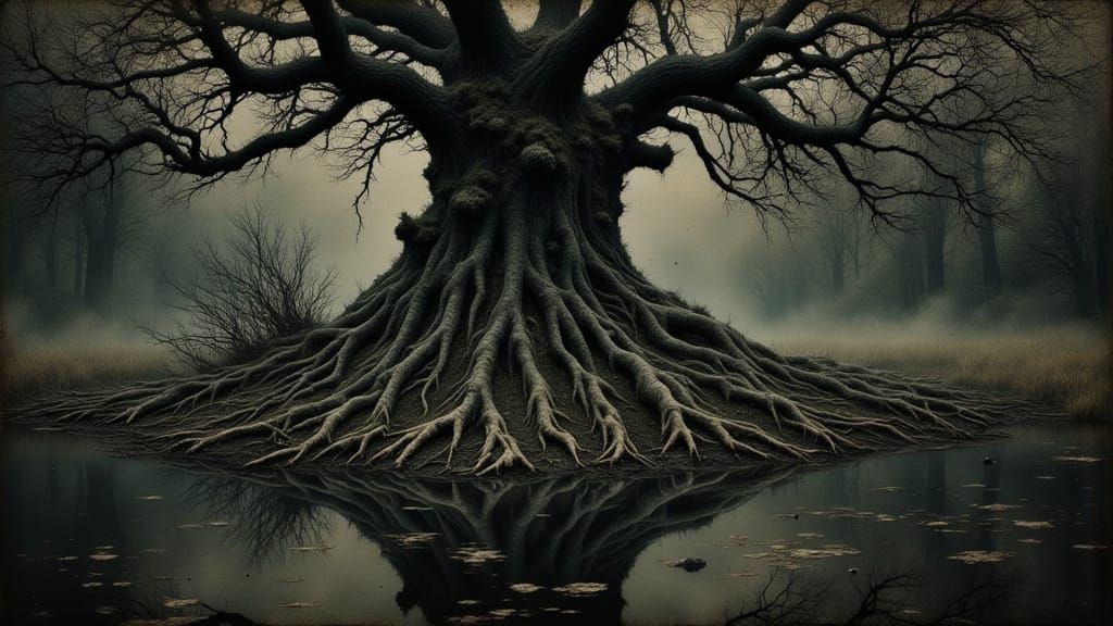 Ancient Gnarled Tree Reflection in Dark Water
