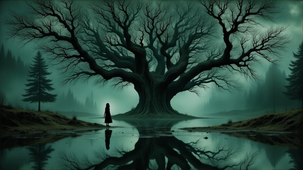 Ancient Gnarled Tree Reflection in Emerald and Black