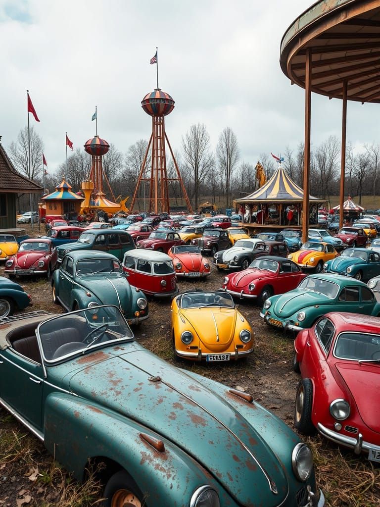 Vintage Toy Cars Fill Deserted Amusement Park