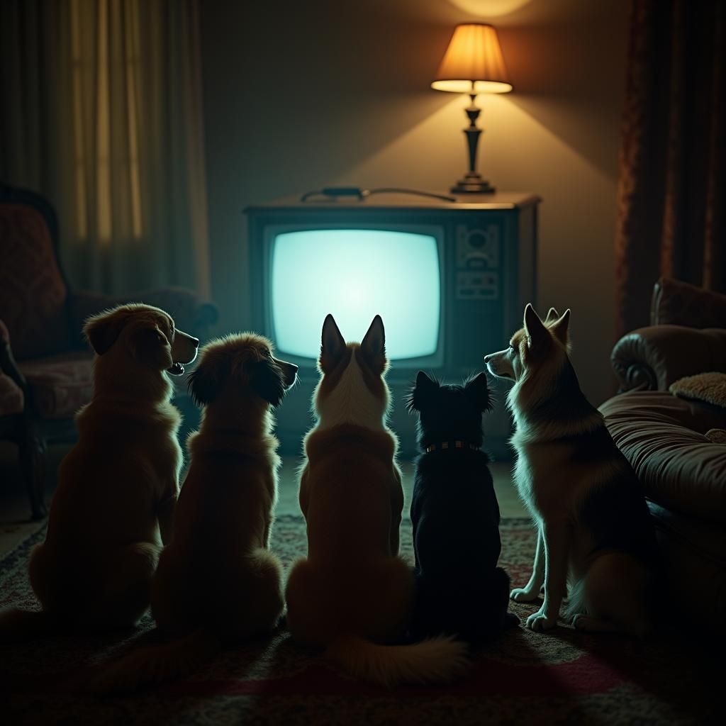 Dogs Watch TV: Cinematic Film Still