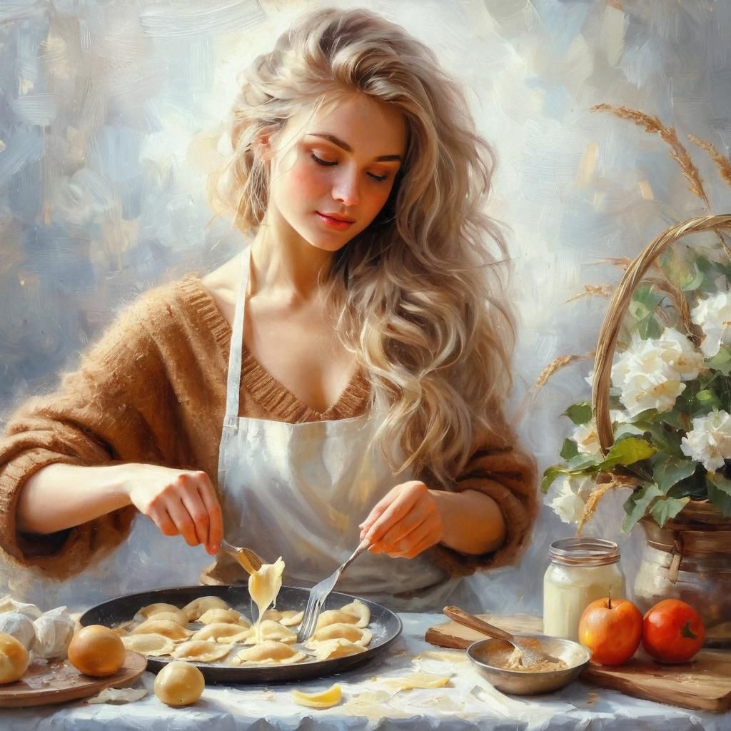 Cozy Kitchen Scene: Impressionistic Pierogi Cooking