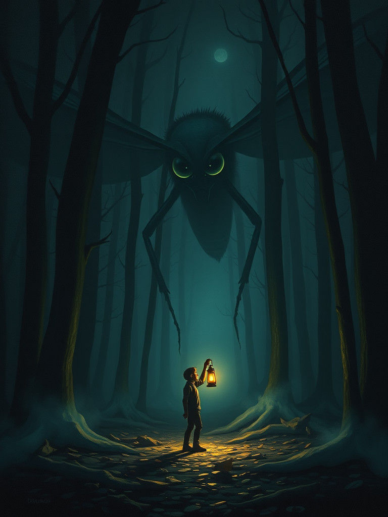 Lantern and Moth in Dark Forest