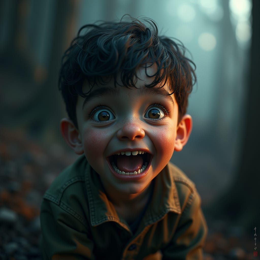 Boy with Sharp Teeth in Mystical Landscape