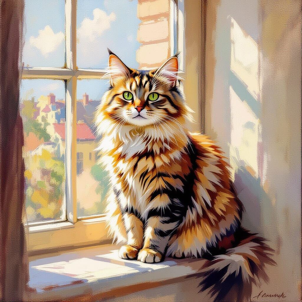 Fluffy Tabby Cat on Sunlit Sill in Impressionist Style