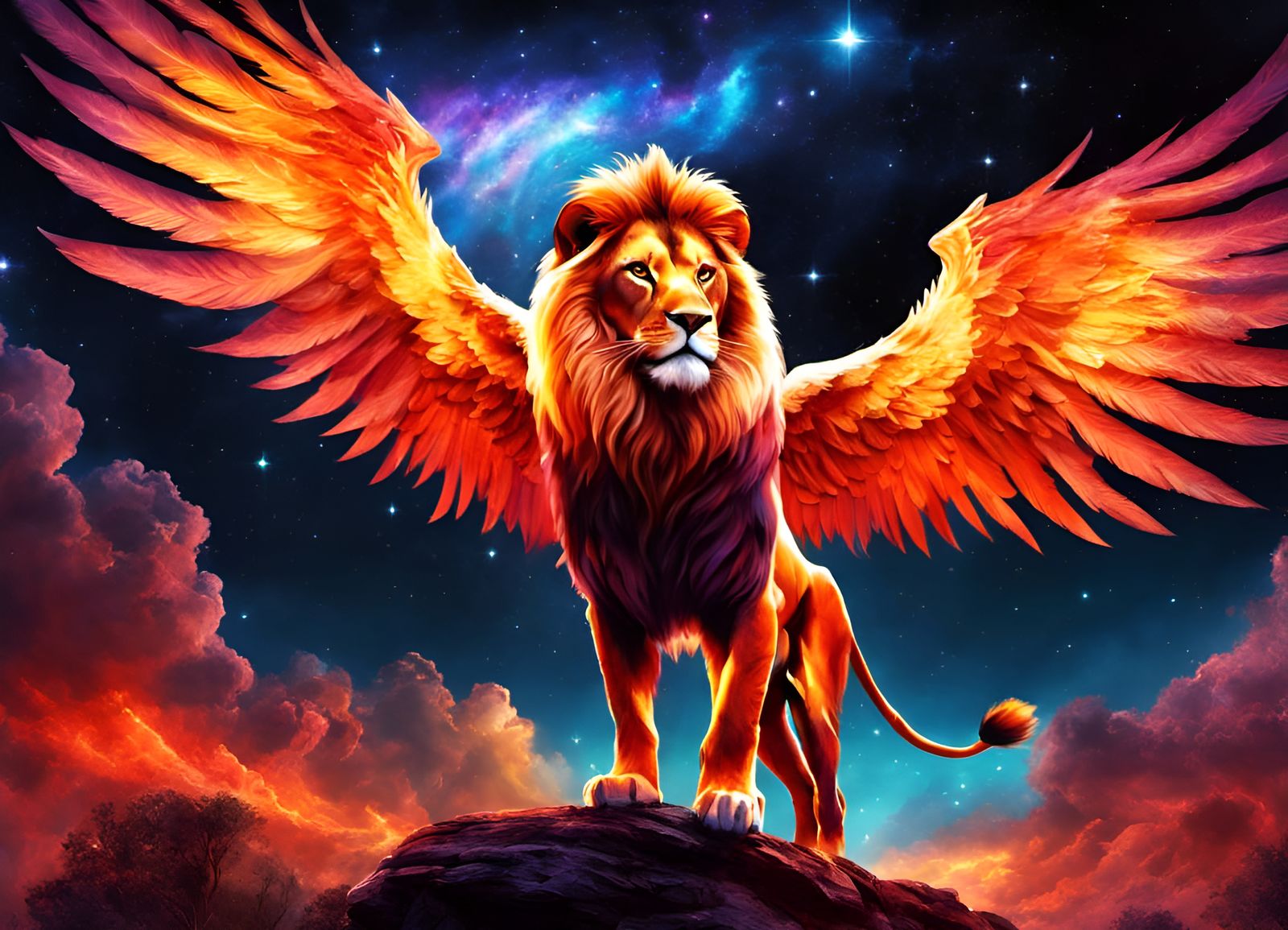 Fiery Angel Lion in Cosmic Impressionism Landscape