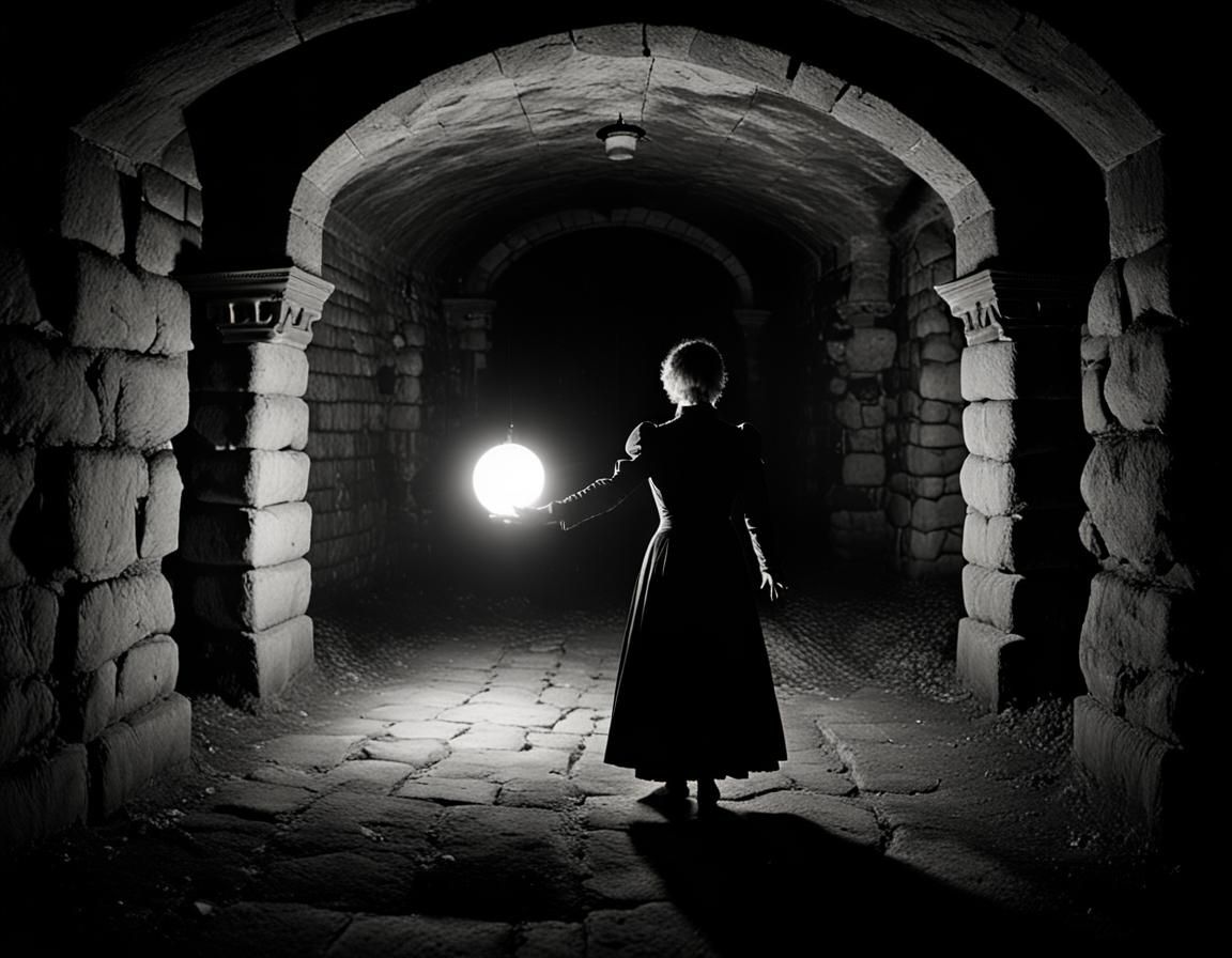Victorian Dungeon with Floating Orbs in Eerie Black and Whit...
